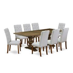 9 Piece Dining Set Includes a Rectangle Dining Room Table with Removable Leaf and 8 Grey Linen Fabric Upholstered Chairs, 42x92 Inch, Jacobean