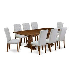 9 Piece Dining Set Includes a Rectangle Dining Room Table with Removable Leaf and 8 Grey Linen Fabric Upholstered Chairs, 42x92 Inch, Walnut