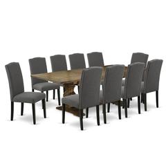 East West Furniture 11-Pc Mid Century Dining Set Includes a Wooden Table and 10 Dark Gotham Grey Linen Fabric Upholstered Chairs with High Back - Distressed Jacobean Finish