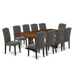 East West Furniture 11-Pieces Modern Dining Set - A Butterfly Leaf Double Pedestal Table and 10 Dark Gotham Grey Linen Fabric Dining Chairs with High Back - Antique Walnut Finish