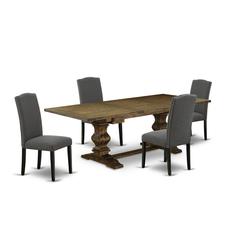 5 Piece Dining Set Includes a Rectangle Dining Room Table with Removable Leaf and 4 Dark Gotham Linen Fabric Upholstered Chairs, 42x92 Inch, Jacobean