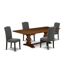 5 Piece Dining Table Set Includes a Rectangle Wooden Table with Removable Leaf and 4 Dark Gotham Linen Fabric Upholstered Chairs, 42x92 Inch, Walnut