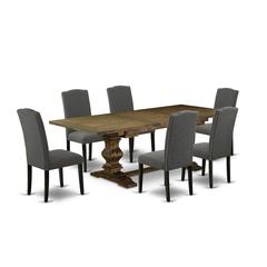 7 Piece Kitchen Table Set Consist of a Rectangle Dining Table with Removable Leaf and 6 Dark Gotham Linen Fabric Parson Chairs, 42x92 Inch, Jacobean