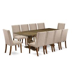 East West Furniture 11-Piece Dining Room Table Set Consists of a Rectangular Table and 10 Light Tan Linen Fabric Parson Chairs with High Back - Distressed Jacobean Finish