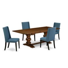 5 Piece Dinette Set Includes a Rectangle Dining Room Table with Removable Leaf and 4 Blue Linen Fabric Parsons Dining Chairs, 42x92 Inch, Walnut