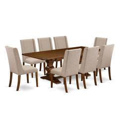 East West Furniture LAFL9-88-04 9 Piece Dining Set Includes a Rectangle Dining Room Table with Removable Leaf and 8 Light Tan Linen Fabric Upholstered Chairs, 42x92 Inch, Walnut