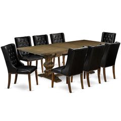 East West Furniture LAFO9-77-49 9-Piece Dinette Set Includes 1 Butterfly Leaf Double Pedestal Kitchen Table and 8 Black Linen Fabric Parson Chairs with Button Tufted Back - Distressed Jacobean Finish