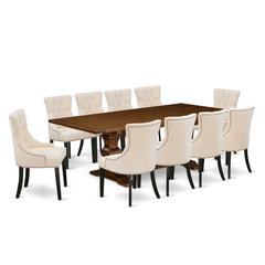 East West Furniture 11-Pieces Dinette Set - A Butterfly Leaf Double Pedestal Wooden Table and 10 Light Beige Linen Fabric Kitchen Chairs with Button Tufted Back - Antique Walnut Finish