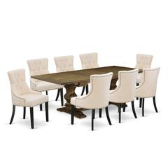 9 Piece Dining Room Table Set Includes a Rectangle Kitchen Table with Removable Leaf and 8 Light Beige Linen Fabric Parson Chairs, 42x92 Inch, Jacobean