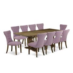 East West Furniture 11-Piece Kitchen Table Set Contains a Wooden Table and 10 Dahlia Linen Fabric Dining Room Chairs with Button Tufted Back - Distressed Jacobean Finish
