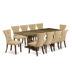 East West Furniture 11-Piece Kitchen Table Set Contains a Mid Century Dining Table and 10 Brown Linen Fabric Dining Room Chairs with Button Tufted Back - Distressed Jacobean Finish