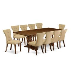East West Furniture 11-Pieces Dining Set - A Butterfly Leaf Double Pedestal Dining Table and 10 Brown Linen Fabric Dining Chairs with button Tufted Back - Antique Walnut Finish
