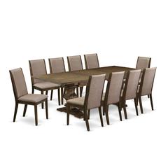East West Furniture 11-Pc Dining Set Includes a Wooden Dining Table and 10 Dark Khaki Linen Fabric Parson Dining Chairs with High Back - Distressed Jacobean Finish