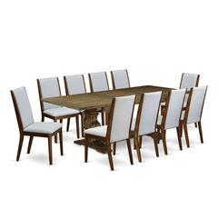 East West Furniture 11-PIECE Dining Set Includes a Dinning Room Table and 10 Grey Linen Fabric Mid Century Modern Dining Chairs with High Back - Distressed Jacobean Finish