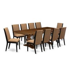 East West Furniture 11-Pieces Dinner Table Set - A Butterfly Leaf Double Pedestal Dining Table and 10 Light Sable Linen Fabric Upholstered Chairs with High Back - Antique Walnut Finish