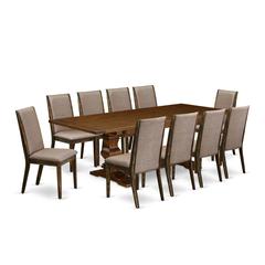East West Furniture 11-Pieces Kitchen Table Set - A Butterfly Leaf Double Pedestal Modern Kitchen Table and 10 Dark Khaki Linen Fabric Dining Chairs with High Back - Antique Walnut Finish