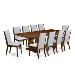 East West Furniture 11-Pieces Dining Room Set - A Butterfly Leaf Double Pedestal Dining Room Table and 10 Grey Linen Fabric Kitchen Chairs with High Back - Antique Walnut Finish