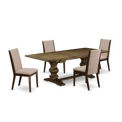 5 Piece Dining Room Table Set Includes a Rectangle Kitchen Table with Removable Leaf and 4 Light Tan Linen Fabric Parsons Chairs, 42x92 Inch, Jacobean
