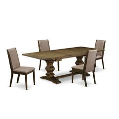 5 Piece Dining Room Table Set Includes a Rectangle Kitchen Table with Removable Leaf and 4 Dark Khaki Linen Fabric Parsons Chairs, 42x92 Inch, Jacobean