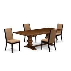 5 Piece Dining Room Table Set Includes a Rectangle Removable Leaf Kitchen Table and 4 Light Sable Linen Fabric Upholstered Chairs, 42x92 Inch, Walnut
