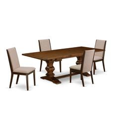 5 Piece Dining Table Set Includes a Rectangle Removable Leaf Kitchen Table and 4 Light Tan Linen Fabric Upholstered Chairs, 42x92 Inch, Walnut