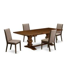 5 Piece Dining Table Set for 4 Includes a Rectangle Kitchen Table with Removable Leaf and 4 Dark Khaki Linen Fabric Parsons Chairs, 42x92 Inch, Walnut