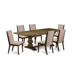 7 Piece Dining Set Consist of a Rectangle Dining Room Table with Removable Leaf and 6 Light Tan Linen Fabric Upholstered Chairs, 42x92 Inch, Jacobean