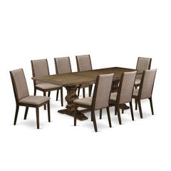 9 Piece Dining Table Set Includes a Rectangle Wooden Table with Removable Leaf and 8 Dark Khaki Linen Fabric Upholstered Chairs, 42x92 Inch, Jacobean