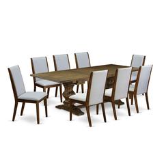 9 Piece Dining Set Includes a Rectangle Dining Room Table with Removable Leaf and 8 Grey Linen Fabric Upholstered Chairs, 42x92 Inch, Jacobean