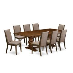9 Piece Kitchen Table Set Includes a Rectangle Dining Table with Removable Leaf and 8 Dark Khaki Linen Fabric Parson Chairs, 42x92 Inch, Walnut