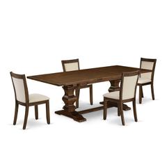 East West Furniture 5-Pieces Dining Room Set - 1 Rectangular Modern Kitchen Table with Double Pedestal and 4 Light Beige Linen Fabric Chairs with Stylish High Back - Antique Walnut Finish