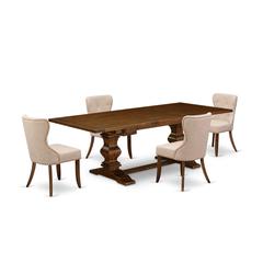 East-West Furniture LASI5-88-04 - A dining table set of 4 fantastic indoor dining chairs with Linen Fabric Linen Tan color and a gorgeous rectangular pedestal kitchen table with Antique Walnut