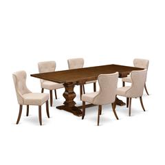 East-West Furniture LASI7-88-04 - A kitchen dining table set of 6 great parson chairs with Linen Fabric Linen Tan color and an attractive rectangular pedestal kitchen table with Antique Walnut