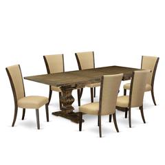 East West Furniture LAVE7-77-03 7Pc Dining Room Table Set Consists of a Dining Room Table and 6 Parsons Dining Chairs with Brown Color Linen Fabric, Distressed Jacobean Finish