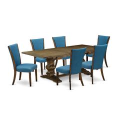 East West Furniture LAVE7-77-21 7Pc Dinette Set Offers a Dining Room Table and 6 Upholstered Dining Chairs with Blue Color Linen Fabric, Distressed Jacobean Finish