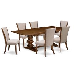 East West Furniture LAVE7-88-04 7Pc Dining Set Consists of a Wood Table and 6 Parson Dining Chairs with Light Tan Color Linen Fabric, Medium Size Table with Full Back Chairs, Antique Walnut Finish