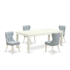 East-West Furniture LGSI5-LWH-15 - A modern dining table set of 4 wonderful dining chairs with Linen Fabric Baby Blue color and a wonderful wooden dining table with Linen White color