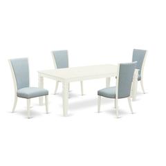 East-West Furniture LGVE5-LWH-15 - A dining room table set of 4 wonderful parson chairs with Linen Fabric Baby Blue color and a wonderful 18 butterfly leaf rectangle dining table with Linen White col"
