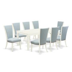 East-West Furniture LGVE9-LWH-15 - A modern dining table set of 8 wonderful parson chairs with Linen Fabric Baby Blue color and a beautiful dining table with Linen White color