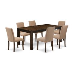 East West Furniture LMAB7-77-47 7Pc Dining Room Table Set Offers a Dinette Table and 6 Parsons Dining Chairs with Light Sable Color Linen Fabric, Medium Size Table with Full Back Chairs, Distressed Ja