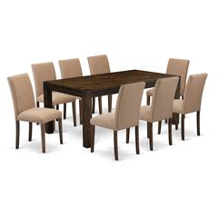 East West Furniture LMAB9-77-47 9Pc Dining Table set Includes a Dining Room Table and 8 Parsons Chairs with Light Sable Color Linen Fabric, Medium Size Table with Full Back Chairs, Distressed Jacobean