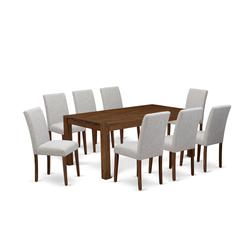 East West Furniture LMAB9-NN-35 9Pc Dining Room Table Set Contains a Dining Room Table and 8 Parson Chairs with Doeskin Color Linen Fabric, Medium Size Table with Full Back Chairs, Sand Blasting Antiq