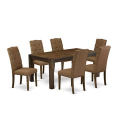 East West Furniture LMEL7-77-18 7-Pc Modern Dining Set- 6 Upholstered Dining Chairs with Brown Beige Linen Fabric Seat and Button Tufted Chair Back - Rectangular Table Top & Wooden 4 Legs - Distressed