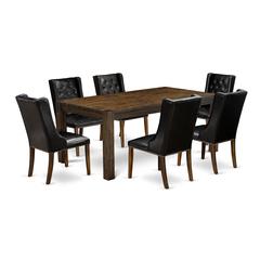 East West Furniture LMFO7-77-49 7-Piece Kitchen Dining Set Includes 1 Rectangular Dining Table and 6 Black Linen Fabric Dining Chairs with Button Tufted Back - Distressed Jacobean Finish