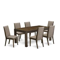 East West Furniture LMLA7-77-16 7-Piece Dinette Set- 6 Dining Padded Chairs with Dark Khaki Linen Fabric Seat and Stylish Chair Back - Rectangular Table Top & Wooden 4 Legs - Distressed Jacobean Finis
