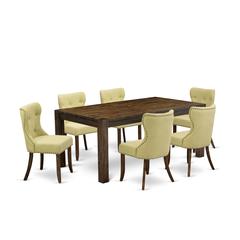 East West Furniture LMSI7-77-37 7-Piece Dining Room Table Set- 6 Dining Chair with Limelight Linen Fabric Seat and Button Tufted Chair Back - Rectangular Table Top & Wooden 4 Legs - Distressed Jacobea