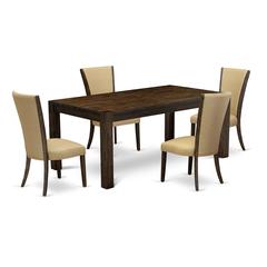 East West Furniture - LMVE5-77-03 - 5-Pc Dining Room Table Set- 4 Parson Dining Chairs and Modern Dining Table - Brown Linen Fabric Seat and Stylish Chair Back - Distressed Jacobean Finish
