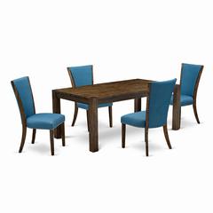 East West Furniture - LMVE5-77-21 - 5-Pc Dining Table Set- 4 Upholstered Dining Chairs and Kitchen Dining Table - Blue Linen Fabric Seat and High Chair Back - Distressed Jacobean Finish