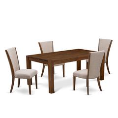 East West Furniture - LMVE5-N8-04 - 5-Pc dining room table Set- 4 Upholstered Dining Chairs and Wood Dining Table - Light Tan Linen Fabric Seat and High Chair Back - Antique Walnut Finish