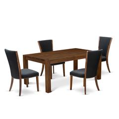 East West Furniture - LMVE5-N8-04 - 5-Pc Dining Room Table Set- 4 Upholstered Dining Chairs and Wood Dining Table - Black Linen Fabric Seat and High Chair Back - Antique Walnut Finish
